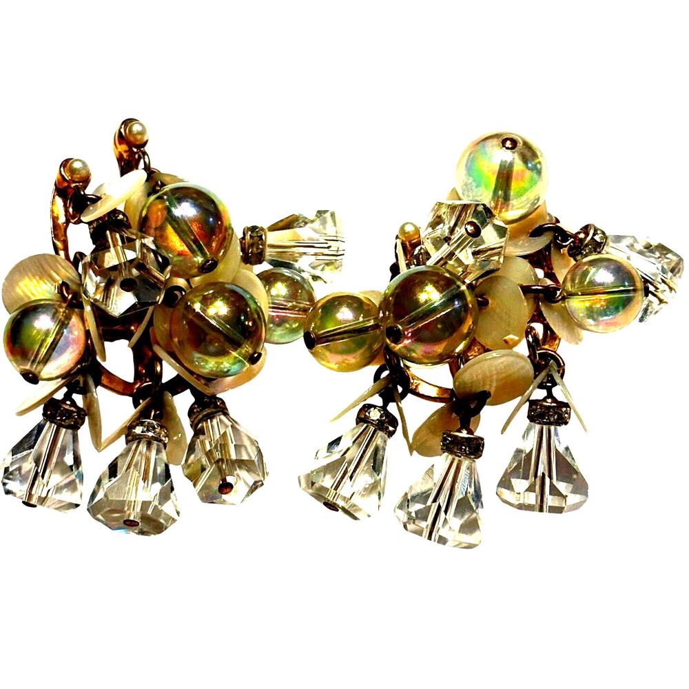 Vintage mid century clip on earrings AB crystal beaded drop dangle clusters